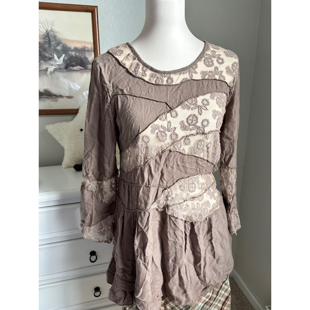 Fairycore Lace Patchwork Tunic Top Boho Cottagecore Tiered Ruffle Blouse Taupe